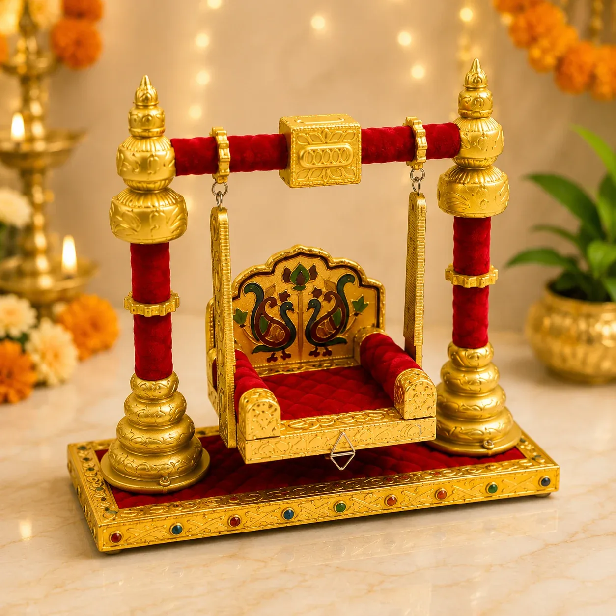 Premium Wooden Mor Pillar Jhula with Royal Velvet